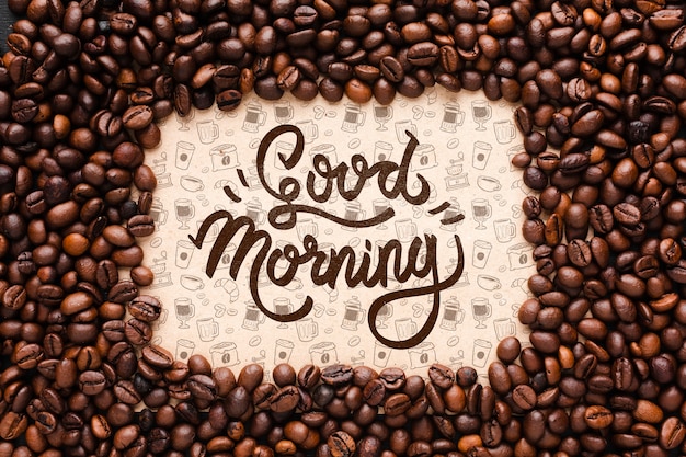 PSD good morning background with coffee beans frame