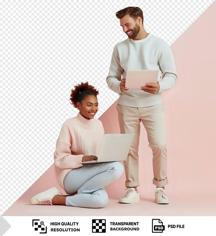 PSD good news smiling young adult mulatto woman sitting and caucasian man standing happily looking into laptop at workplace in office png psd