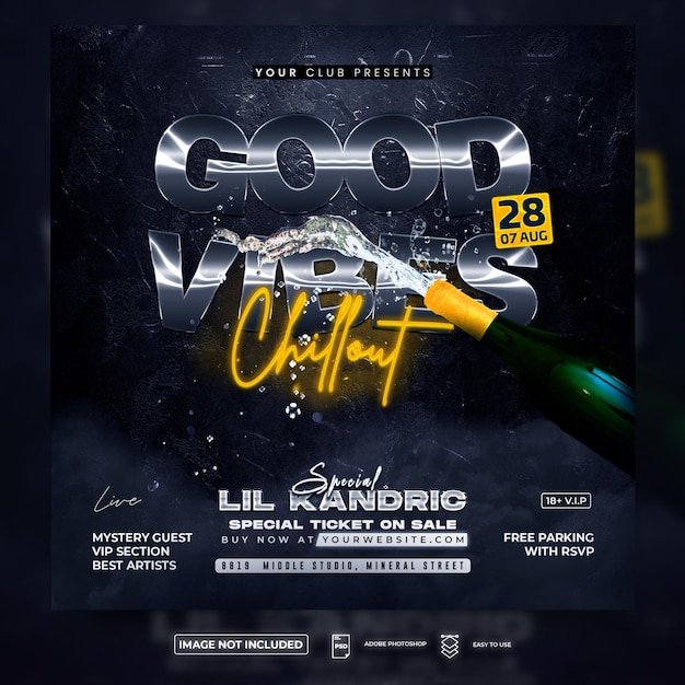 Good vibes party night club flyer square flyer template
