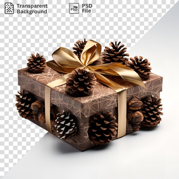 PSD goodies wrapped in a brown box adorned with a gold bow placed on a white table with a black shadow in the background