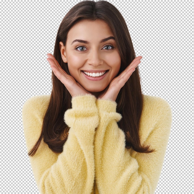 美しい女性的な茶色の女性 完璧な輝く微笑みと 欠のないメイクアップの肌 顔に触れて 満足した顔で アクネをなくした