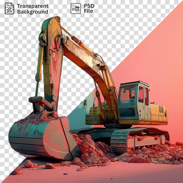 PSD goodyears construction equipment including a yellow crane and a blue and green train sit atop a pile against a pink sky with a red window visible in the background