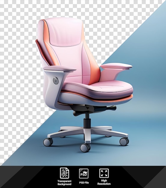 PSD goodyears futuristic office chair with black wheels and a pink seat featuring a white and gray armrest set against a blue sky backdrop