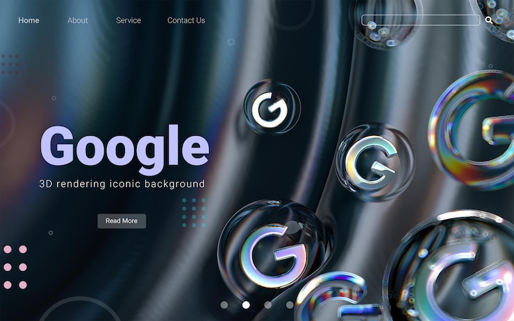 PSD google icon inside bubble glass geometric shapes on colorful abstract dark background 3d render
