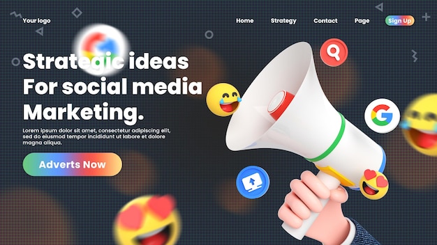 Google social media landing page template with social networking logos and icon around 3d megaphone