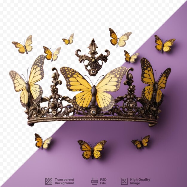 PSD gorgeous butterflies in purple yellow and a crown on a transparent background