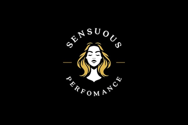 gorgeous fashion blonde female face with golden hair retro logo design template beauty flat