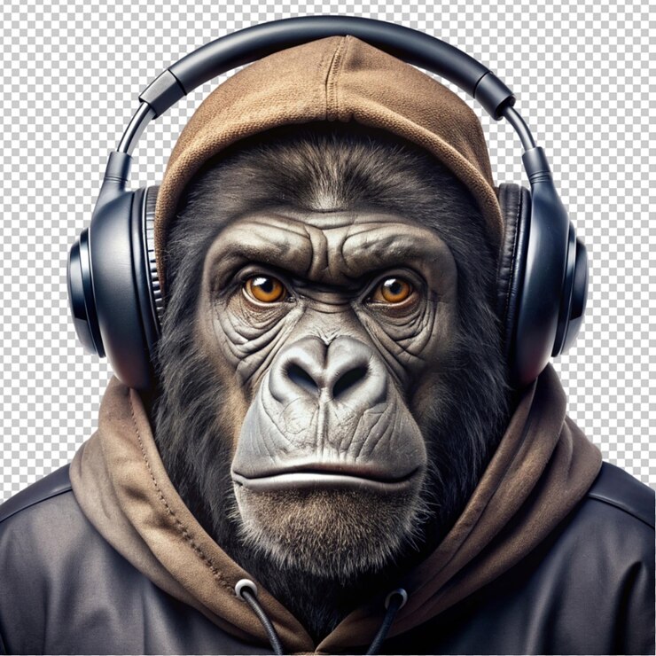 PSD gorilla in a hood wearing headphones and piercings on transparent background