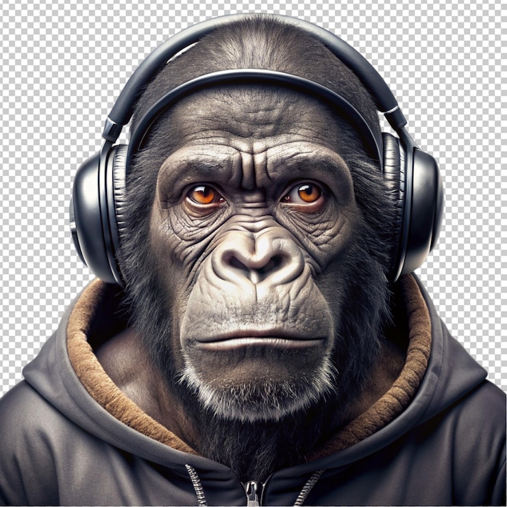 PSD gorilla in a hood wearing headphones and piercings on transparent background