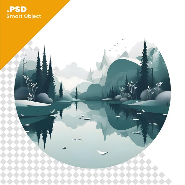 PSD górski krajobraz z lasem i jeziorem ilustracja wektorowa do projektowania szablonu psd