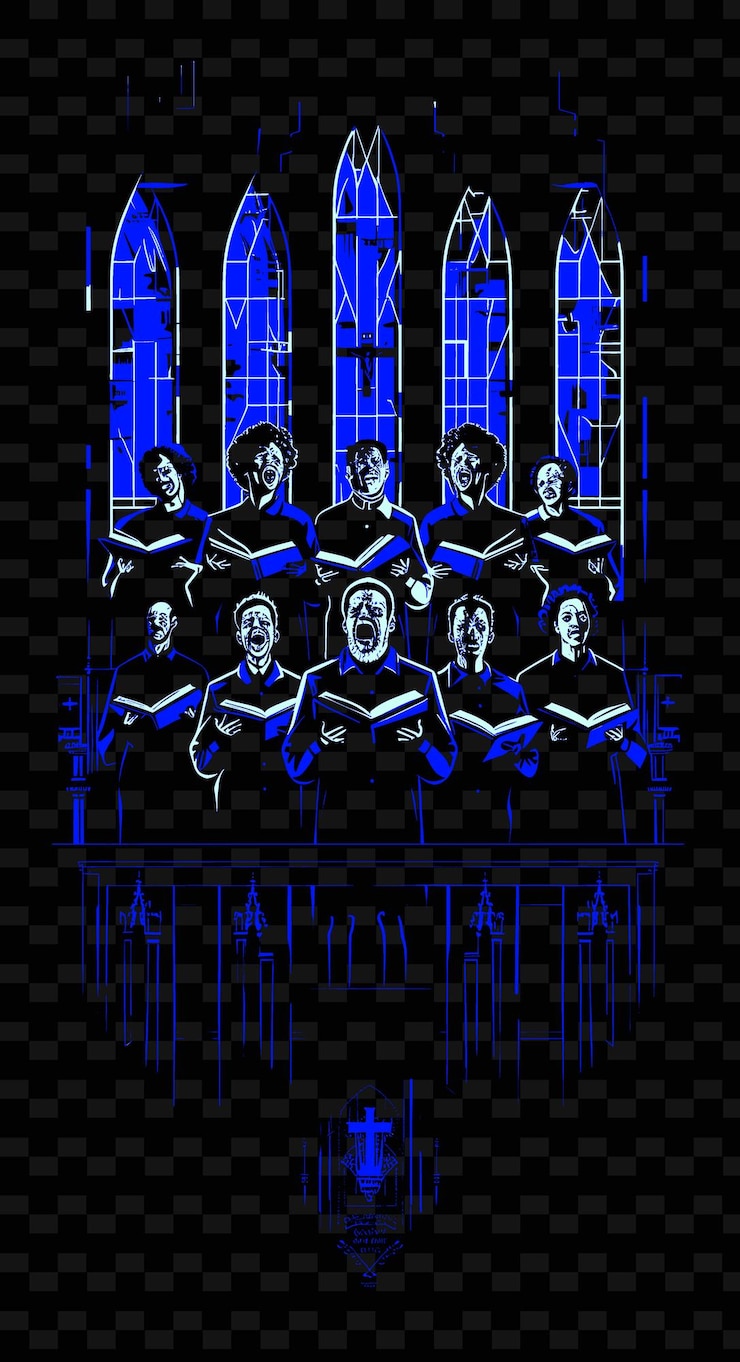 PSD gospel choir singing in a church with stained glass windows vector illustration music poster idea