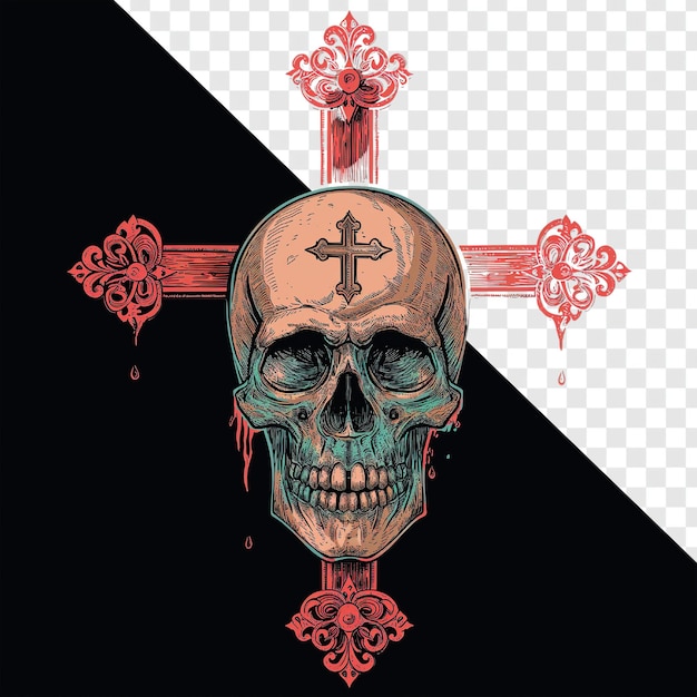 Gothic ancient cross with skull old school tattoo illustration