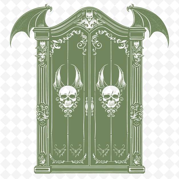 PSD contorno dell'armadio gotico con disegno di pipistrello e simboli di teschio per la raccolta di motivi di decorazione illustrati