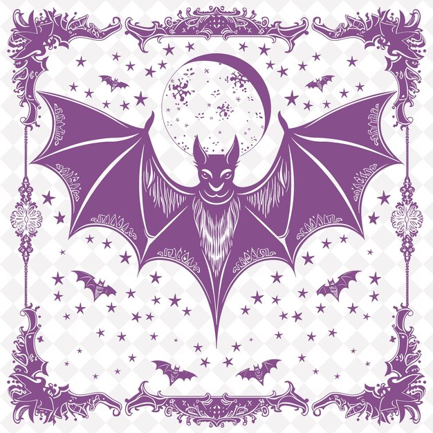 PSD gothic bat folk art with wing pattern and moon det png outline frame on clean background collection (gotycka sztuka ludowa nietoperza z wzorem skrzydeł i księżycem)