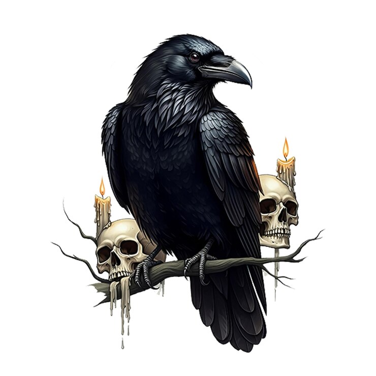 PSD gothic raven perched on a branch with skulls and candles on transparent background