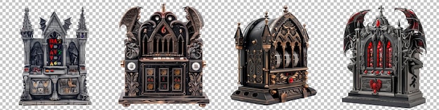 PSD gothic slot machine with black iron details and gargoyles set isolated on transparent background