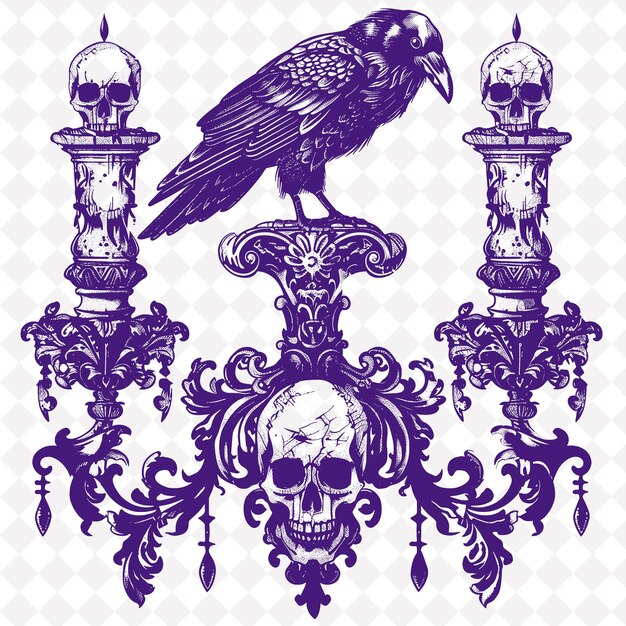 PSD gothic style lamp folk art with raven design and s png outline frame on clean background collection