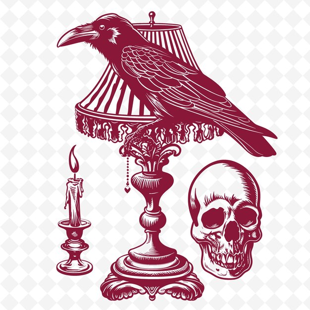 PSD gothic style lamp outline with raven design and skull symbo illustration decor motifs collection