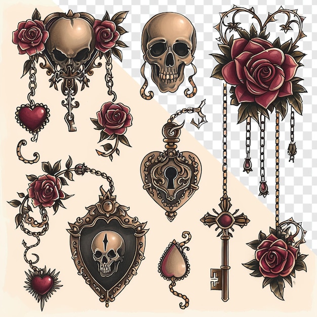 PSD gothic valentines day tattoo flash sheet with skull locket with transparent background