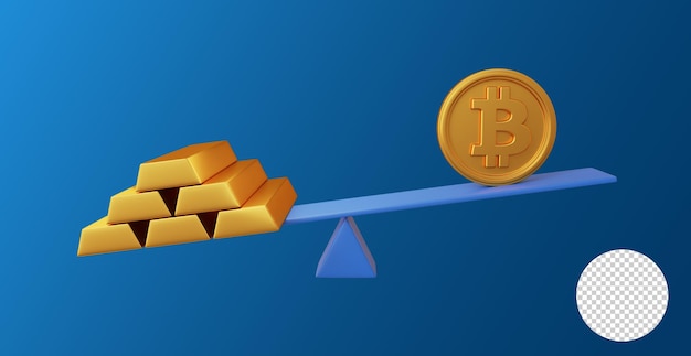 Goud en bitcoin gekoppeld op schaal 3d illustratie