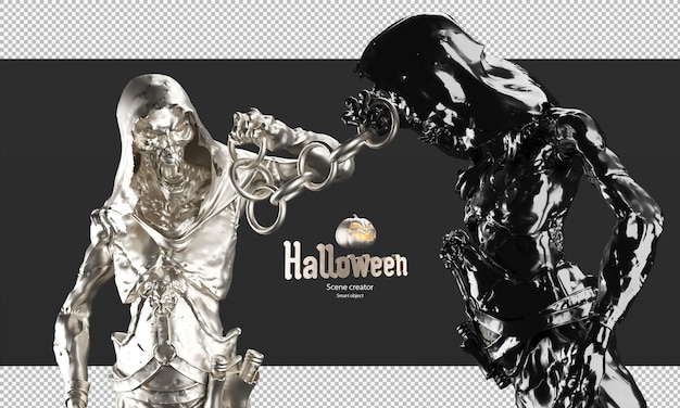 PSD goud en zwart metalen grim reaper karakter met cirkel ketting 3d render spook standbeeld