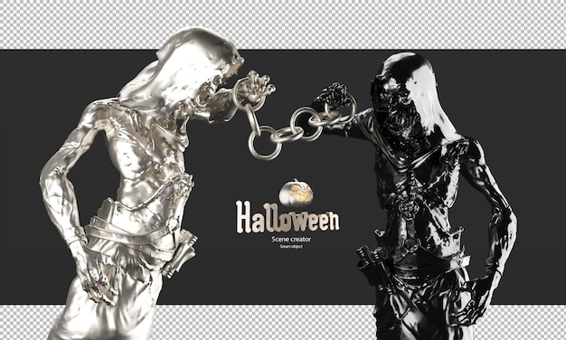 PSD goud en zwart metalen grim reaper karakter met cirkel ketting 3d render spook standbeeld