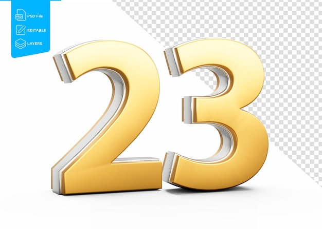 Gouden 23 cijfers 23 getal met metalen glans op witte achtergrond 3d illustratie