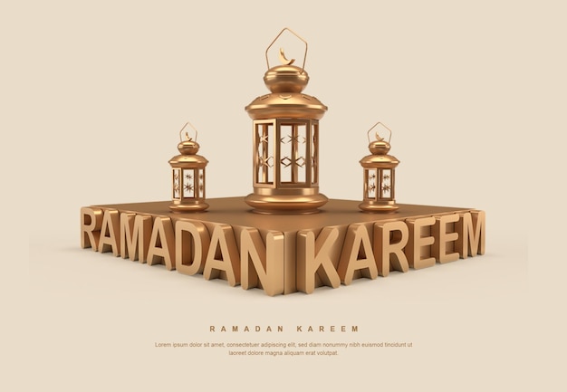 PSD gouden 3d ramadan-kalligrafietekst met lantaarn
