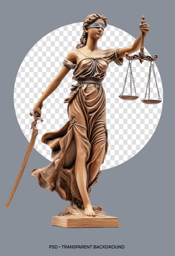 PSD gouden antieke standbeeld van lady justice met schalen en zwaard