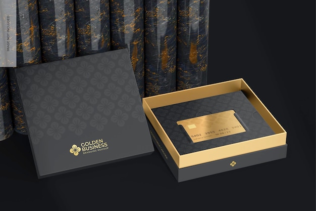 Gouden creditcard box mockup perspectief