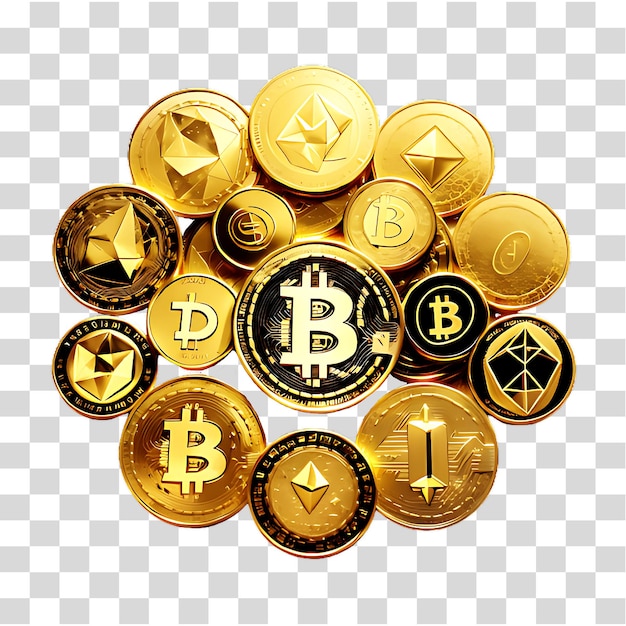 PSD gouden cryptocurrency 3d-munten op een transparante achtergrond ai gegenereerd