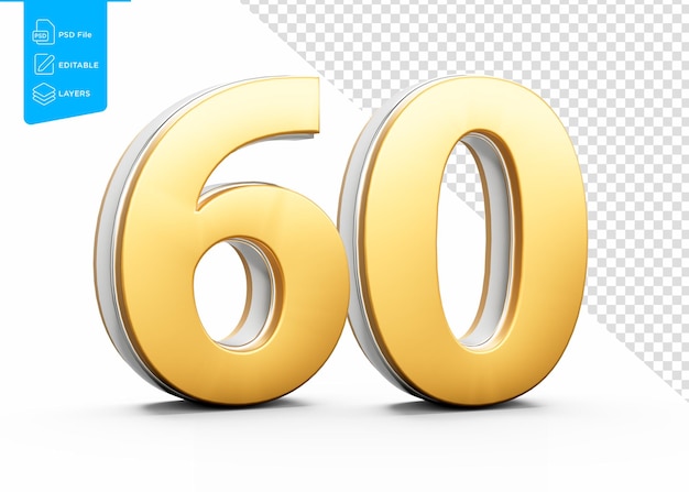 Gouden glinsterende 60 cijfers 60 getal met metalen glans op witte achtergrond 3d illustratie