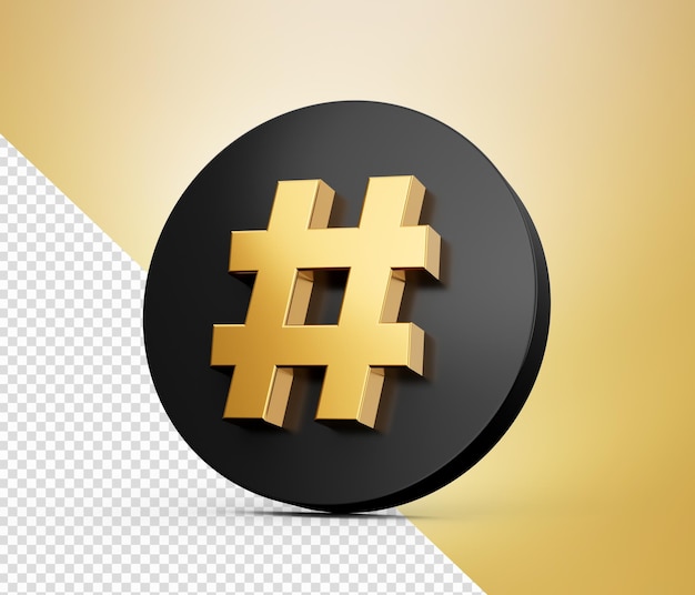 Gouden Hashtag-teken met zwarte cirkel op witte 3D-afbeelding als achtergrond