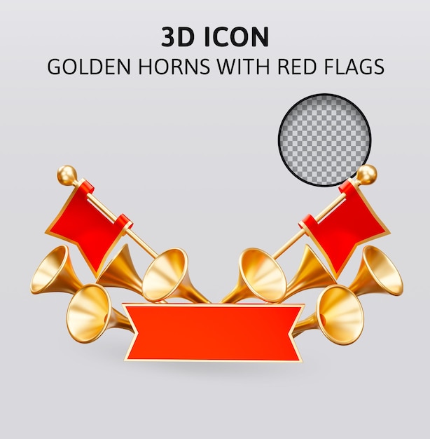 Gouden hoorns met rode vlaggen 3d redering