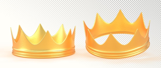 Gouden koninklijke kronen voor koning of koningin symbool van autoriteit monarch middeleeuwse kostbare hoofdtooi voor keizerkroning 3d render iconen set realistische geïsoleerde gouden metalen corona's 3d illustratie