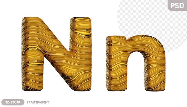 Gouden letter n met een glanzende golvende textuur 3d illustratie