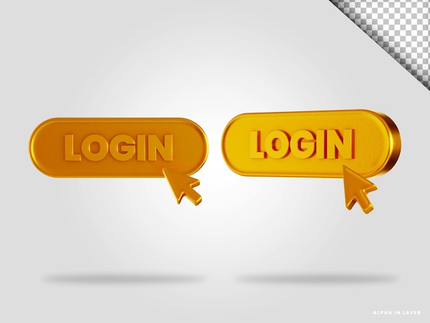 Gouden login knop 3d render illustratie geïsoleerd