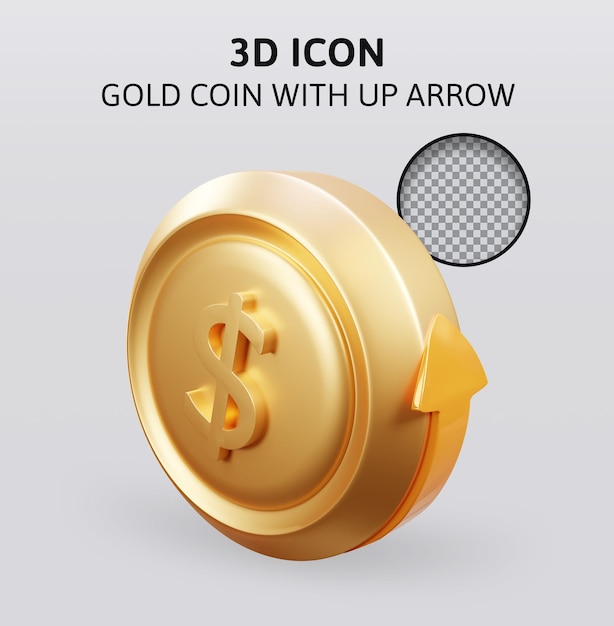 Gouden munt met pijl omhoog 3d-rendering illustratie