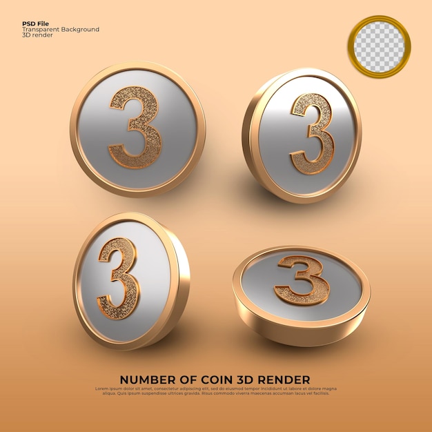 gouden munten nummer 3 3d render luxe stijl