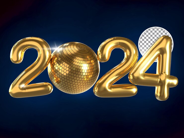 PSD gouden nieuwjaar 2024 ballontekst met discobal 3d render geïsoleerde achtergrond