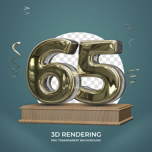 PSD gouden nummer 65 op het podium 3d render transparante achtergrond