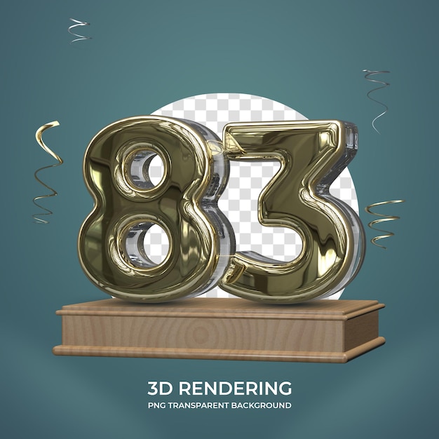 Gouden nummer 83 op het podium 3d render transparante achtergrond