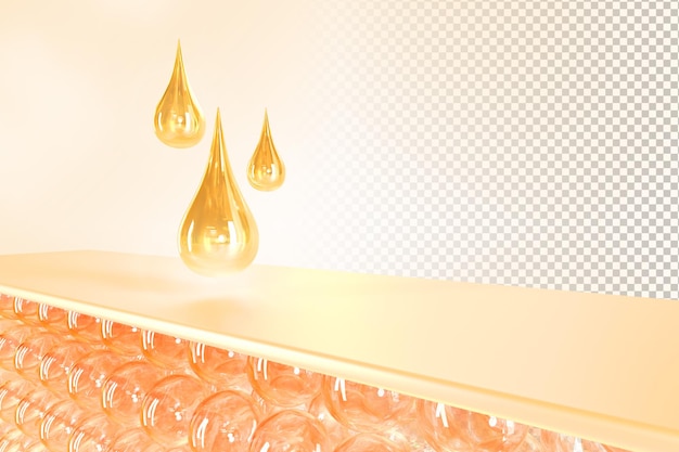 Gouden olie druppels serum of collageen essentie op huidcellen mockup banner 3d render Cosmetisch huidverzorgingsproduct met abstracte bubbels van huidlaag macro ontwerp structuur vetweefsel