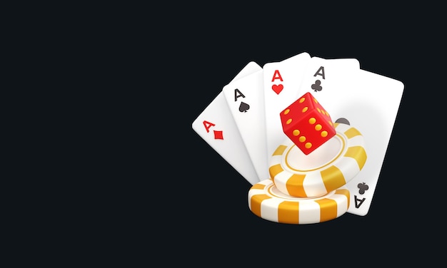 Gouden pokerchips en token dobbelstenen met speelkaarten 3D Casino Design