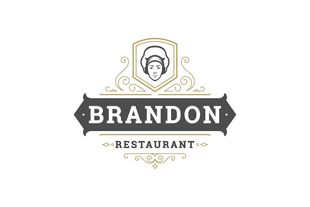 Gouden premium restaurant logo ontwerp sjabloon vintage krullende ornament chef-kok hoofd