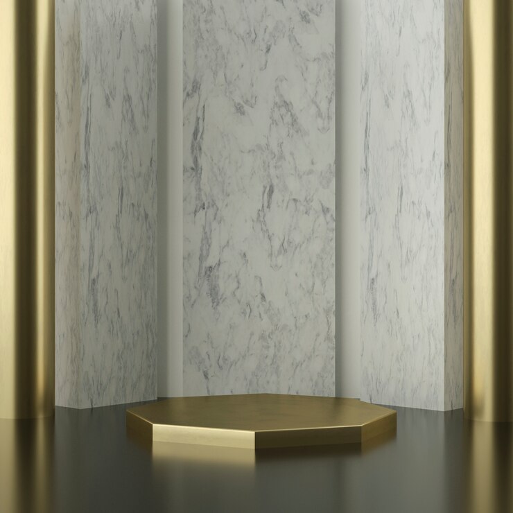 Gouden zeshoek podium met marmeren muren