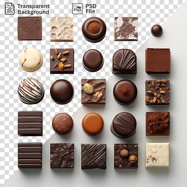 Gourmet chocolate and confectionery set displayed on a transparent background accompanied by a brown cookie