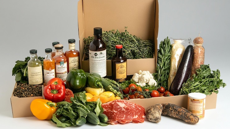 PSD коробка для доставки деликатесов с свежими продуктами, мясом и соусами