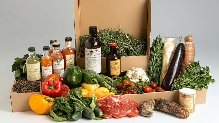 PSD gourmet food delivery box with fresh produce meat and sauces