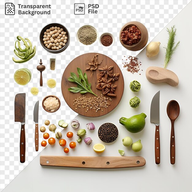 PSD Персидский кулинарный набор с специями и травами на деревянной доске для резки